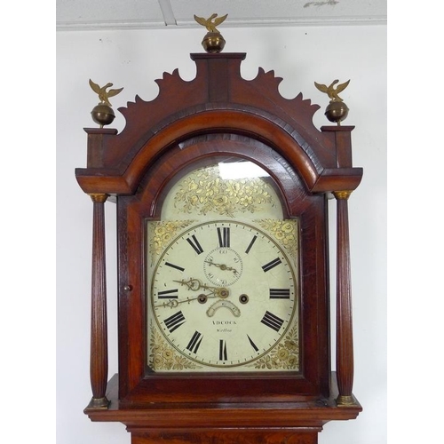 929 - A 19th century mahogany cased long case clock, cream painted domed dial with gilt floral sprays, sig... 