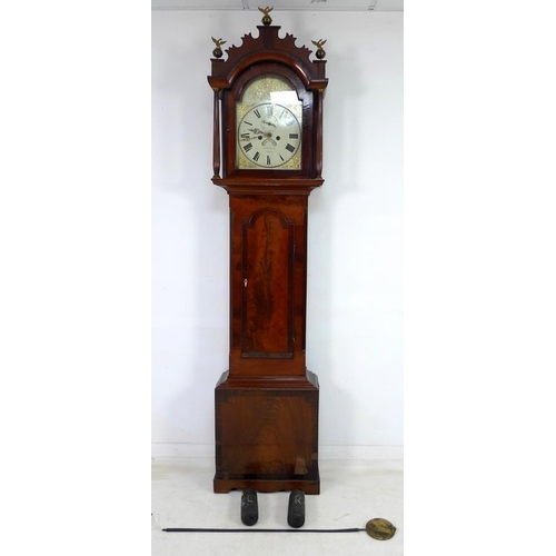 929 - A 19th century mahogany cased long case clock, cream painted domed dial with gilt floral sprays, sig... 