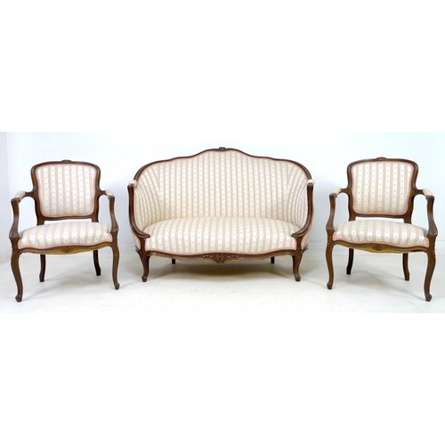 932 - A salon suite of late 19th century stained beechwood furniture, comprising a two seater settee, cana... 