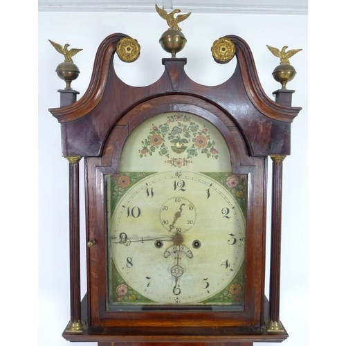 936 - A 19th century mahogany cased long case clock, cream painted domed dial with floral sprays, subsidia... 