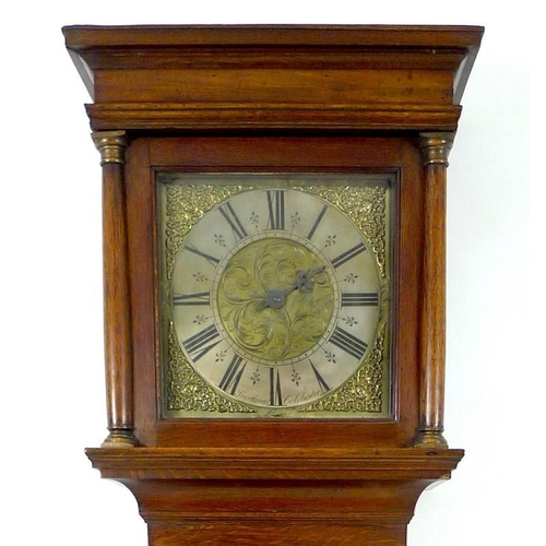 948 - An early to mid 18th century oak cased longcase clock, with birdcage 30 hour posted frame movement c... 