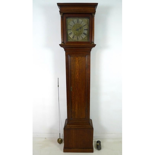 948 - An early to mid 18th century oak cased longcase clock, with birdcage 30 hour posted frame movement c... 