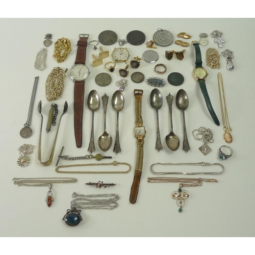 813 - A collection of silver, coins and costume jewellery, including a 9ct gold brooch set with a ruby, 1.... 