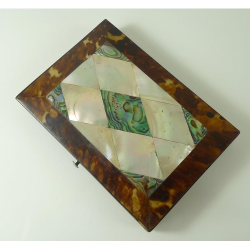 818 - A 19th century tortoiseshell and mother of pearl card case, silver chased and embossed diamond lozen... 