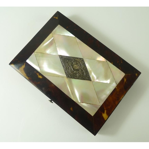 818 - A 19th century tortoiseshell and mother of pearl card case, silver chased and embossed diamond lozen... 