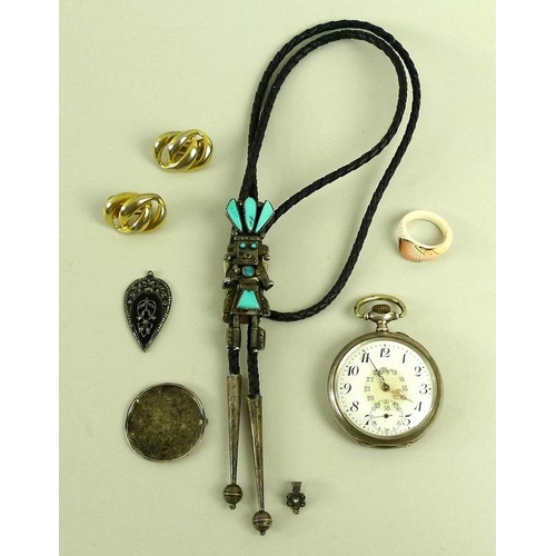 819 - A collection of jewellery, comprising a Mexican silver and turquoise lariat pendant of an Aztec warr... 