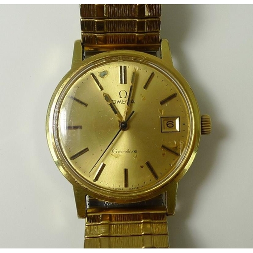 820 - An Omega Geneve gentleman's wristwatch, circa 1974, gold plated with steel caseback, gold dial with ... 