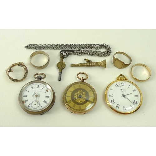 840 - A collection of jewellery and watches, comprising three 9ct gold rings, 9.8g total weight, a silver ... 