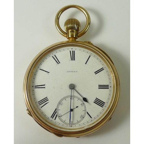 844 - A Victorian 18ct gold pocket watch, open faced, keyless wind, the white enamel dial with subsidiary ... 