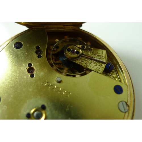 844 - A Victorian 18ct gold pocket watch, open faced, keyless wind, the white enamel dial with subsidiary ... 