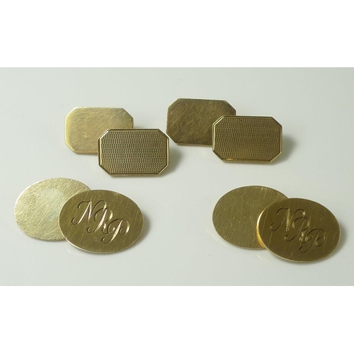 848 - Two pairs of 9ct gold chain link cufflinks, one pair oval and monogrammed with 'NRP', the other pair... 