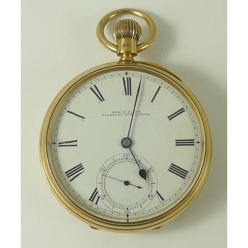 854 - An 18ct gold pocket watch, open face, keyless wind, the white enamel dial with Roman numerals and su... 