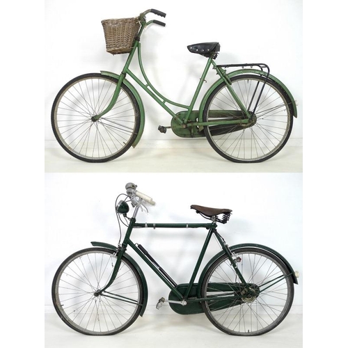 861 - Two vintage bicycles, circa 1930's, both painted green, a lady's, 190 by 44 by 116cm high, and a gen... 