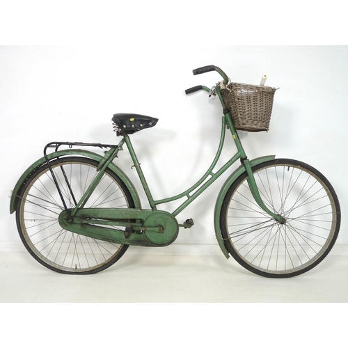 861 - Two vintage bicycles, circa 1930's, both painted green, a lady's, 190 by 44 by 116cm high, and a gen... 