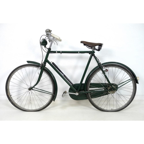 861 - Two vintage bicycles, circa 1930's, both painted green, a lady's, 190 by 44 by 116cm high, and a gen... 