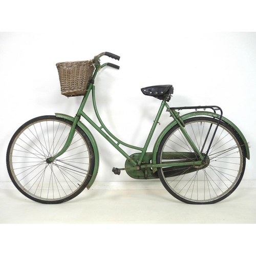 861 - Two vintage bicycles, circa 1930's, both painted green, a lady's, 190 by 44 by 116cm high, and a gen... 