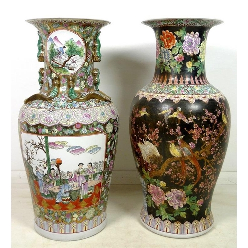 865A - Two modern Chinese vases, of large baluster form, one decorated with prunus blossom and birds agains... 