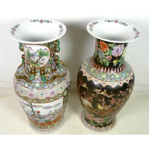 865A - Two modern Chinese vases, of large baluster form, one decorated with prunus blossom and birds agains... 