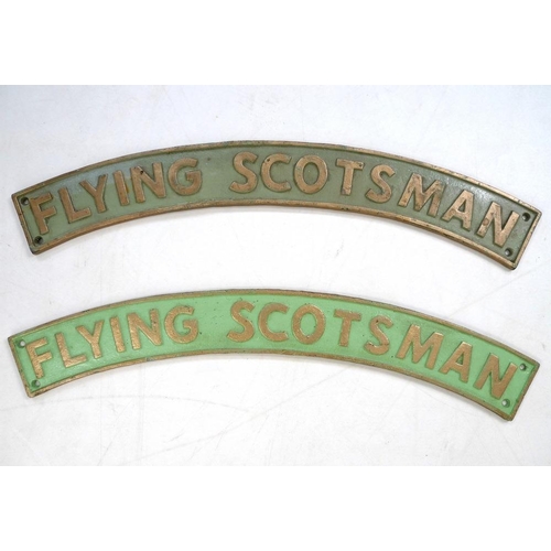 866 - A pair of cast iron reproduction Flying Scotsman locomotive name plates, with green painted grounds ... 