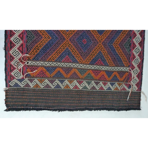 871 - A Suzni Kilim runner rug, with eighteen diamond pendants made of latchhook borders i red, dark blue,... 