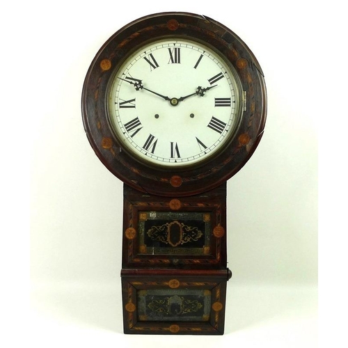 873A - An Edwardian chiming wall clock, the case inlaid with marquetry, circular dial with black Roman nume... 