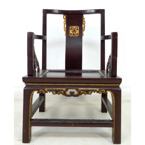 957 - A pair of Chinese hardwood low back open armchairs, Qing Dynasty, late 19th century, painted dark br... 