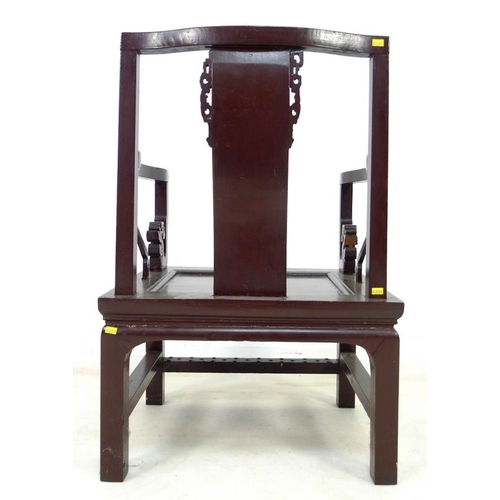 957 - A pair of Chinese hardwood low back open armchairs, Qing Dynasty, late 19th century, painted dark br... 