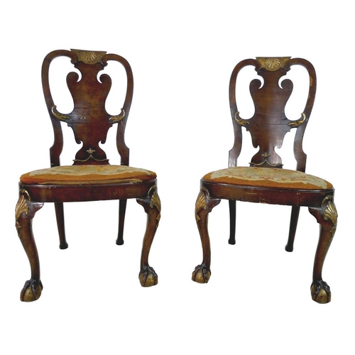 960 - A pair of George II carved walnut and walnut veneered side chairs, manner of Giles Grendey (1693-178... 