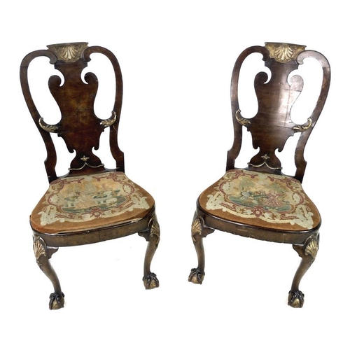 960 - A pair of George II carved walnut and walnut veneered side chairs, manner of Giles Grendey (1693-178... 