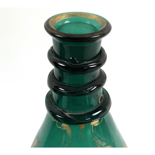 501 - A pair of George III mallet form green glass decanters and stoppers, three trailed rings to the neck... 