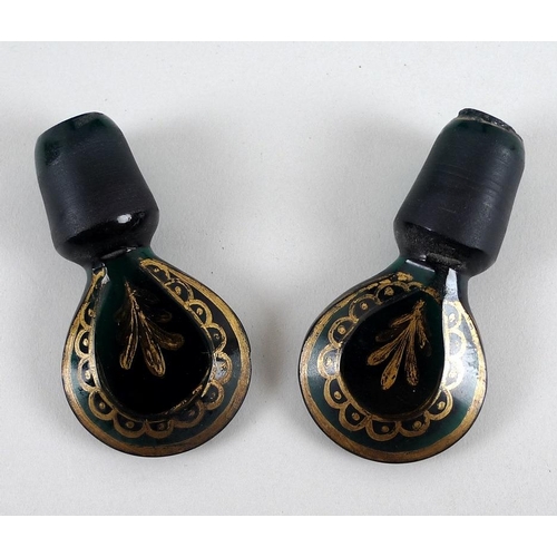 501 - A pair of George III mallet form green glass decanters and stoppers, three trailed rings to the neck... 