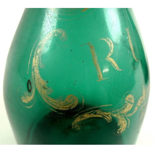 501 - A pair of George III mallet form green glass decanters and stoppers, three trailed rings to the neck... 