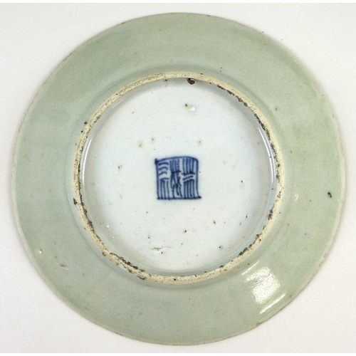 515 - A Chinese Canton porcelain dish, typically decorated against a celadon ground with camellias and Asi... 