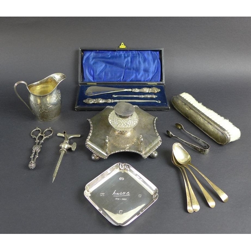 758 - A collection of George III and later silver items including a cream jug with reeded upper rim and ha... 