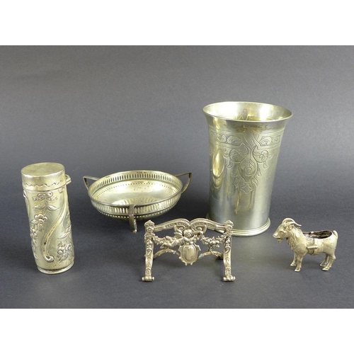 766 - A group of Victorian and later silver items comprising a beaker engraved with strap work design and ... 