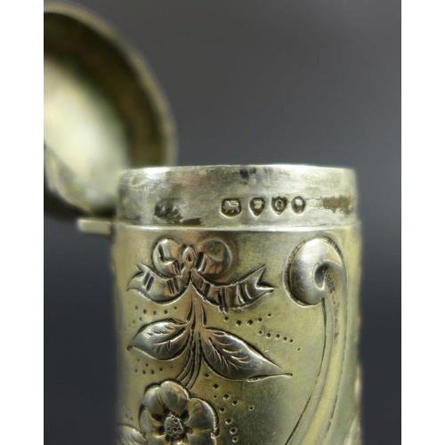 766 - A group of Victorian and later silver items comprising a beaker engraved with strap work design and ... 