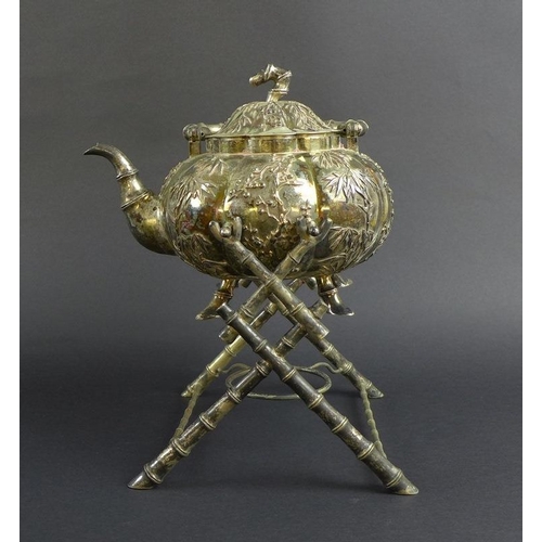 769 - A Chinese Export silver kettle on stand, circa 1900, the kettle of lobed melon form with hinged arch... 