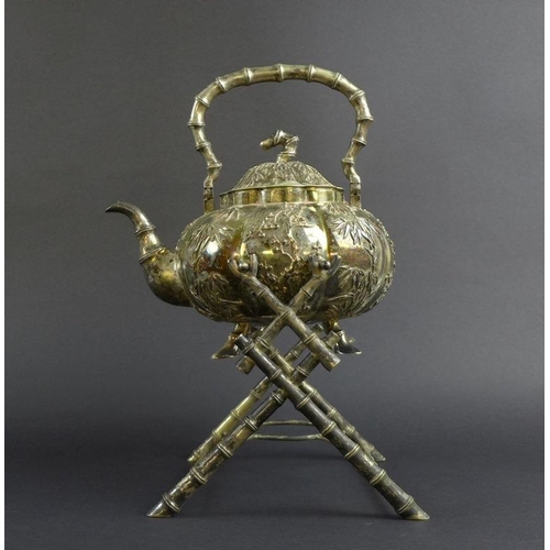 769 - A Chinese Export silver kettle on stand, circa 1900, the kettle of lobed melon form with hinged arch... 