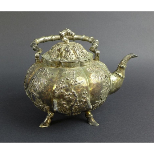 769 - A Chinese Export silver kettle on stand, circa 1900, the kettle of lobed melon form with hinged arch... 