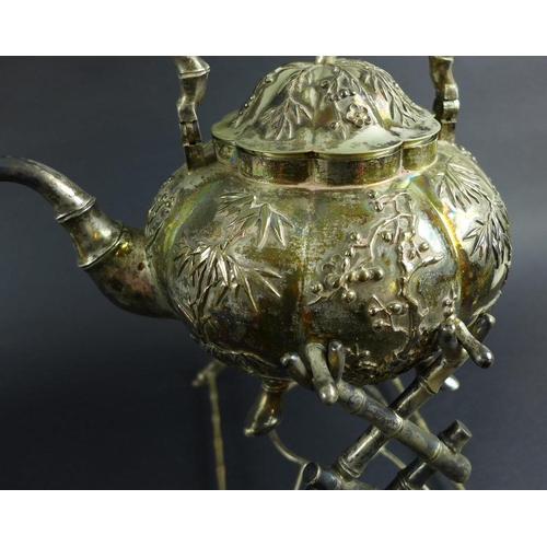 769 - A Chinese Export silver kettle on stand, circa 1900, the kettle of lobed melon form with hinged arch... 
