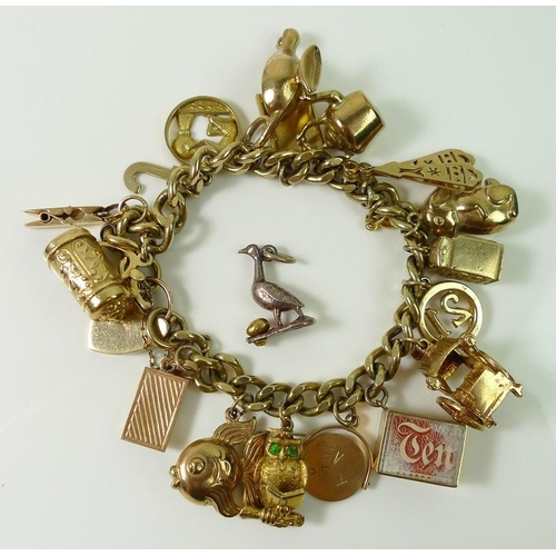 795 - A 9ct gold charm bracelet, the curb link bracelet with conventional heart padlock clasp and with eig... 