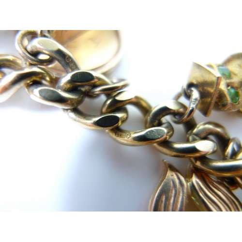 795 - A 9ct gold charm bracelet, the curb link bracelet with conventional heart padlock clasp and with eig... 