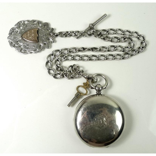 796A - A silver hunter pocket watch, the plain case engraved with shield cartouche bearing the initials FF,... 