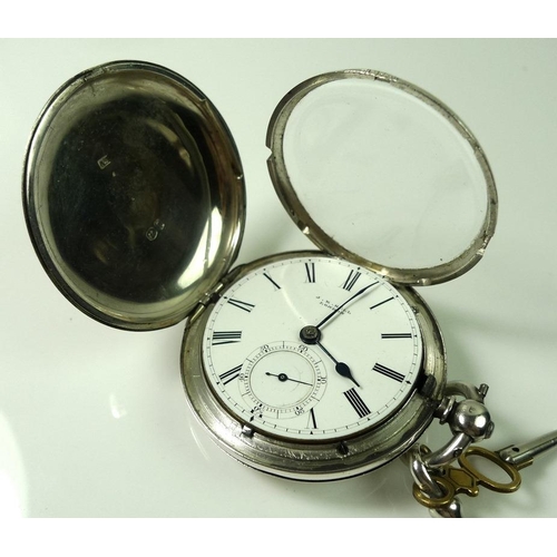 796A - A silver hunter pocket watch, the plain case engraved with shield cartouche bearing the initials FF,... 