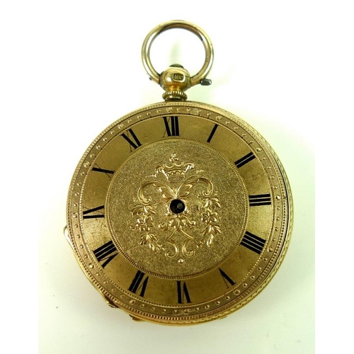 803 - A Victorian lady's 18ct gold pocket watch, the face centrally engraved with trailing foliage, Roman ... 