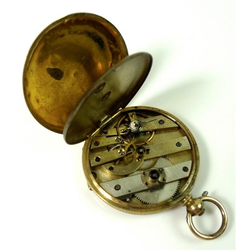 803 - A Victorian lady's 18ct gold pocket watch, the face centrally engraved with trailing foliage, Roman ... 