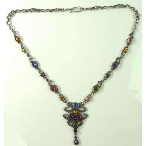 808 - A Continental Art Nouveau necklace of white and coloured stone cabochons including peridot, citrine,... 