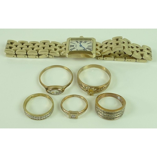 809 - A group of five 9ct gold rings comprising a ring banded with three rows of diamonds, size M, 4.2g, a... 