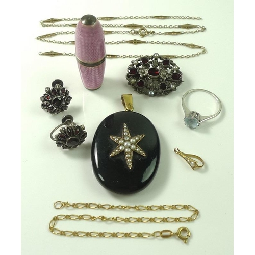 810 - A collection of jewellery, including a Victorian mourning pendant of black enamel with seed pearl st... 