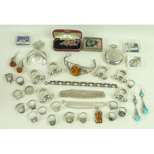 813 - A collection of silver jewellery, including earrings, rings and pendants, several pieces set with am... 